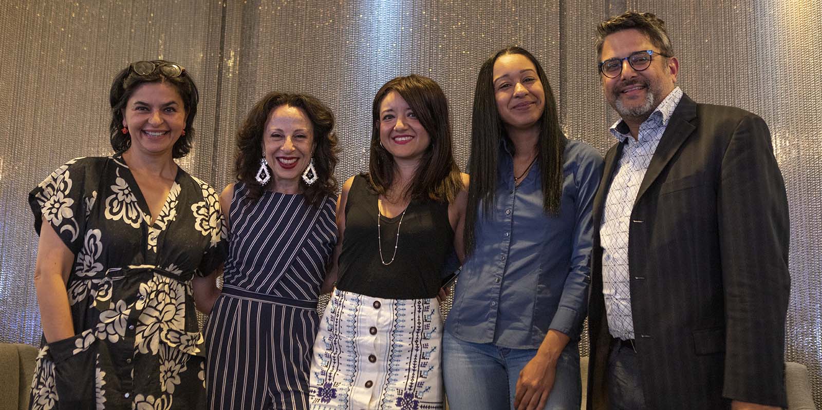 From L to R: HBO's Doris Casap; In The Thick's Maria Hinojosa; Comedy Central, TV Land and Paramount Network's Erika Soto Lamb; HBOs Jessica Leonardo; and In The Thick's Julio Ricardo Varela after a live taping of the 'In The Thick Podcast' at Viacom's Times Square headquarters on June 4, 2019.