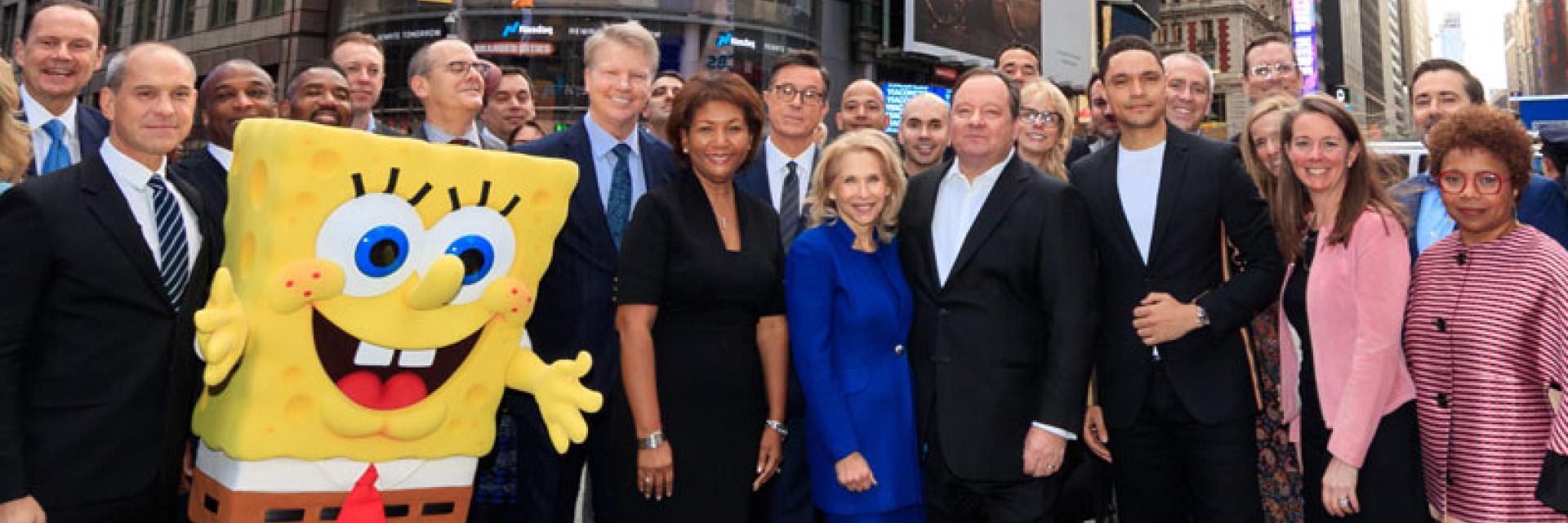 Executives in Times Square with SpongeBob